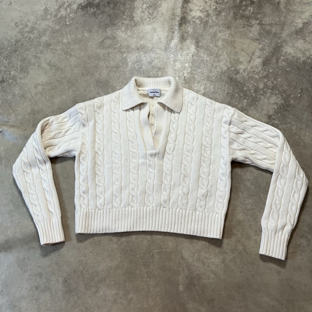Sunday Best Sweater Womens Sz 2XS Ivory V Neck Collared Merino Wool Cable Knit